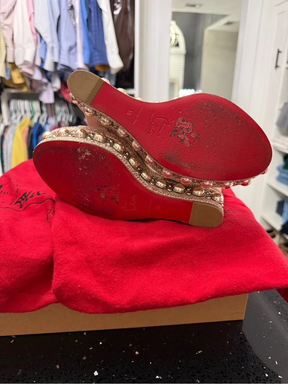 Christian Louboutin Nude Suede Studded Espadrille Wedge Sandals